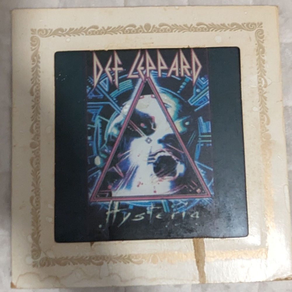 Vintage DEF LEPPARD HYSTERIA GLASS ALBUM COVER ART With Original Cardboard frame